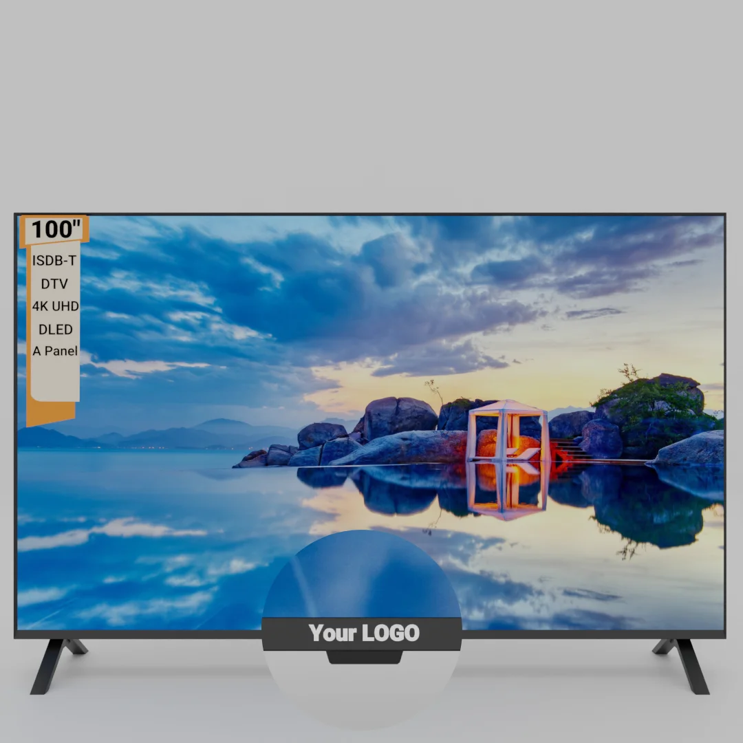 A 100-inch TV with "Your LOGO" as a term that mianhong can customize this position as clients' logo.