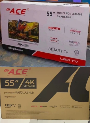 TV brand ACE in Philippines. This image compares its 2 different 55 inch TV with different carton material. The color box version is Android TV and the kraft box is WebOS TV.