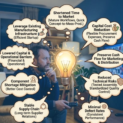 Keypoint of how oem order can reduce risk - shortened time to market, capital cost reduction, preserve cash flow, reduced technical risks, minimal defect rates, stable supply chain, component shortage mitigation, and leverage existing manufacturing infrastructure.