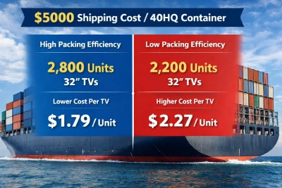 Shipping cost comparison of an example. 2800 unit of TVs loaded on a 40HQ container vs 2200 Unit of TVs loaded on a 40HQ container. The container cost is 5000$USD, The 2800 unit group will cost 1.79$ per unit of TV shipped, while the other group costs 2.27$ per unit.