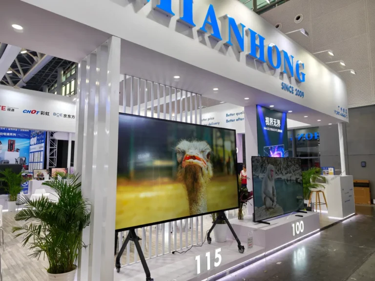 Canton Fair 139th booth preview 01 image - There is 115 inch and 100 inch TV ahead of the booth.