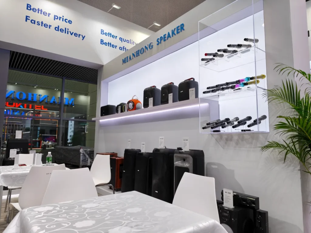 Canton Fair 139th booth preview 02 image - There are speakers(mostly bluebooth) and microphones in the booth.