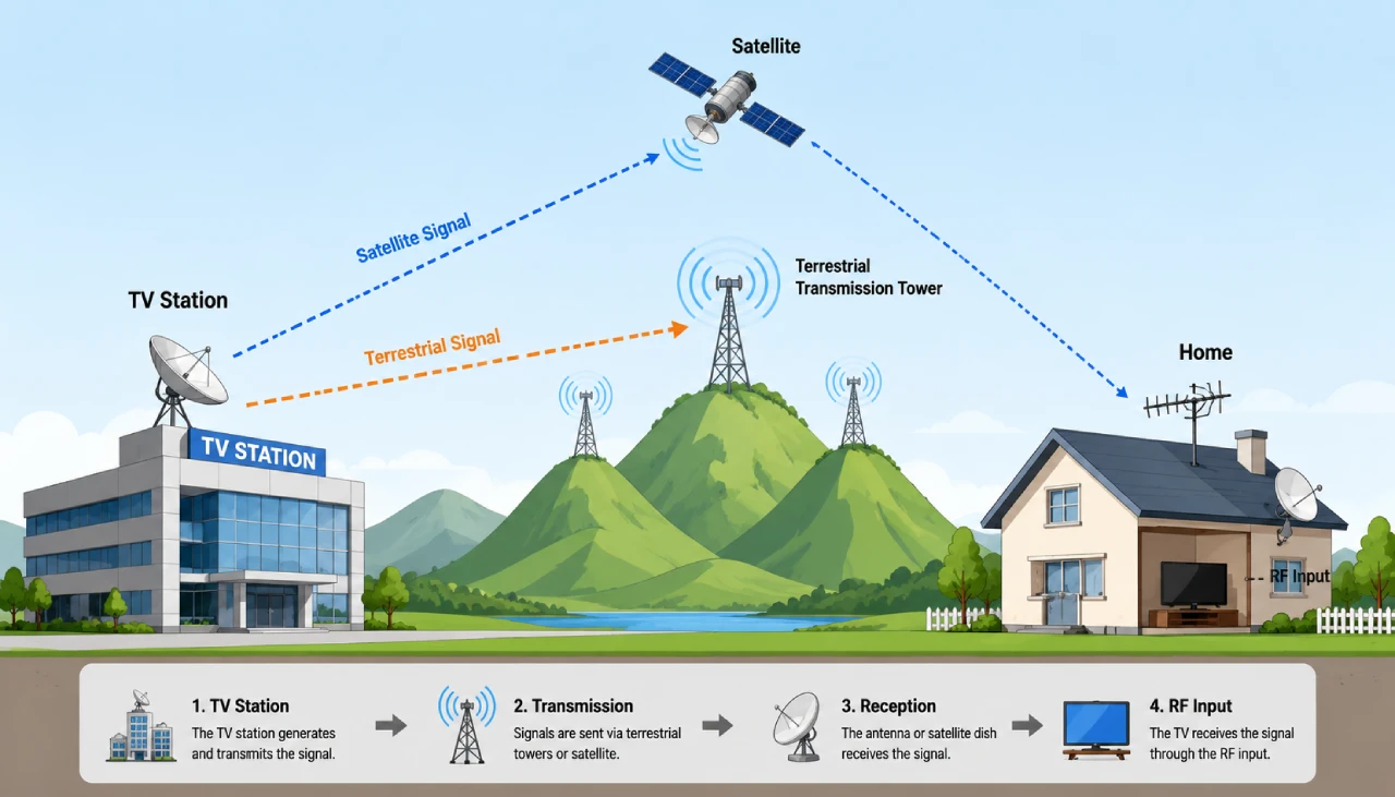 An introduction image to show how TV stations send the terrestrial or satellite signal to a single TV at a home via its RF connector.
