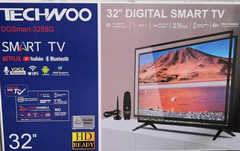 A TV package with double glass design image. This is Techwoo double glass model in the Philippines