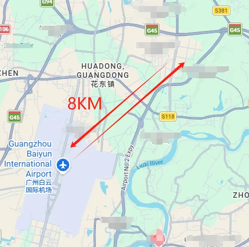 Location of Mianhong's new factory in relation to Guangzhou Baiyun International Airport.