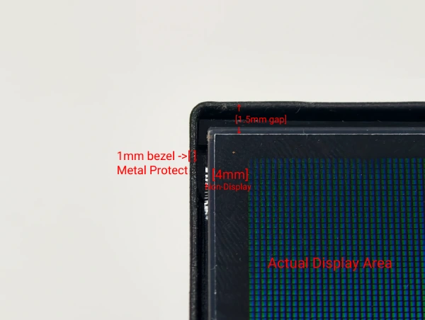 A deeper A detail to explain how a frameless TV's design works. The bezel itself is 1mm width, and it has a 2mm gap between the bezel and the actual LCD panel. There is a 4mm non-display zone between the physical area and the actual display area.