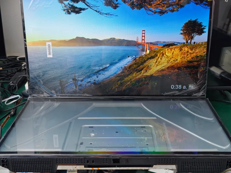 A showcase of double-glass TV model. It has a tempered glass in the front of the main body, and a metal back case.